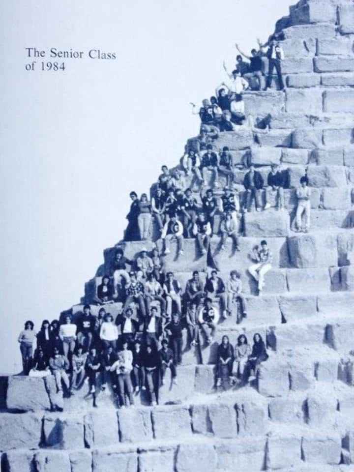 The Cairo American College senior class of 1984 posed on the steps of the Great Pyramid of Giza